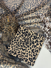 Premium Swiss Lawn 2025 - Leopard Noir-Black & Beige.