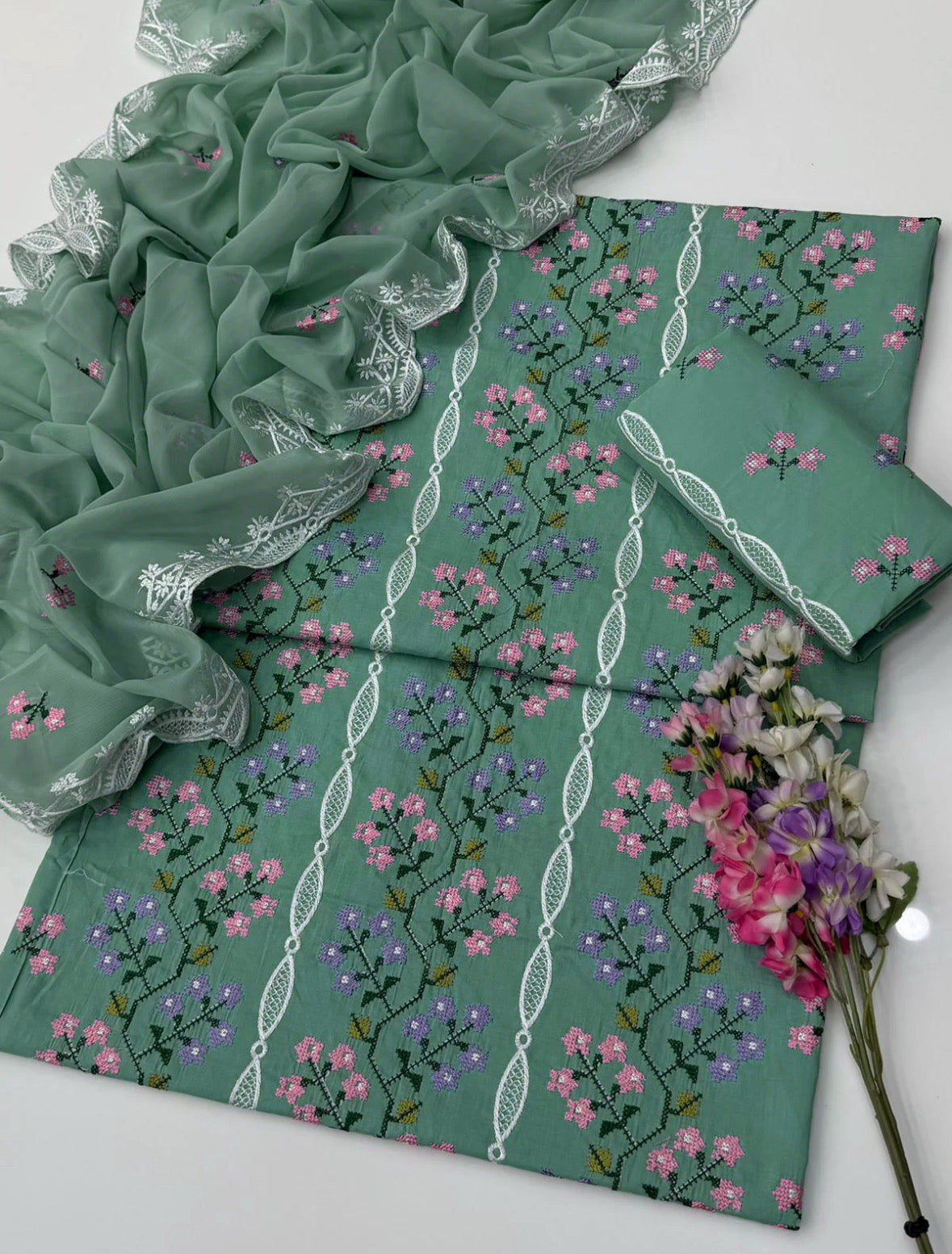 Cross Stitched 100% Cotton ( Mint Green )