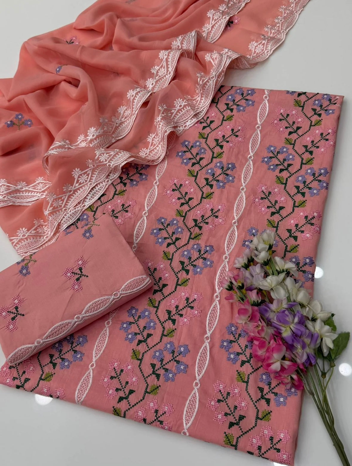 Cross Stitched 100% Cotton ( Peach )
