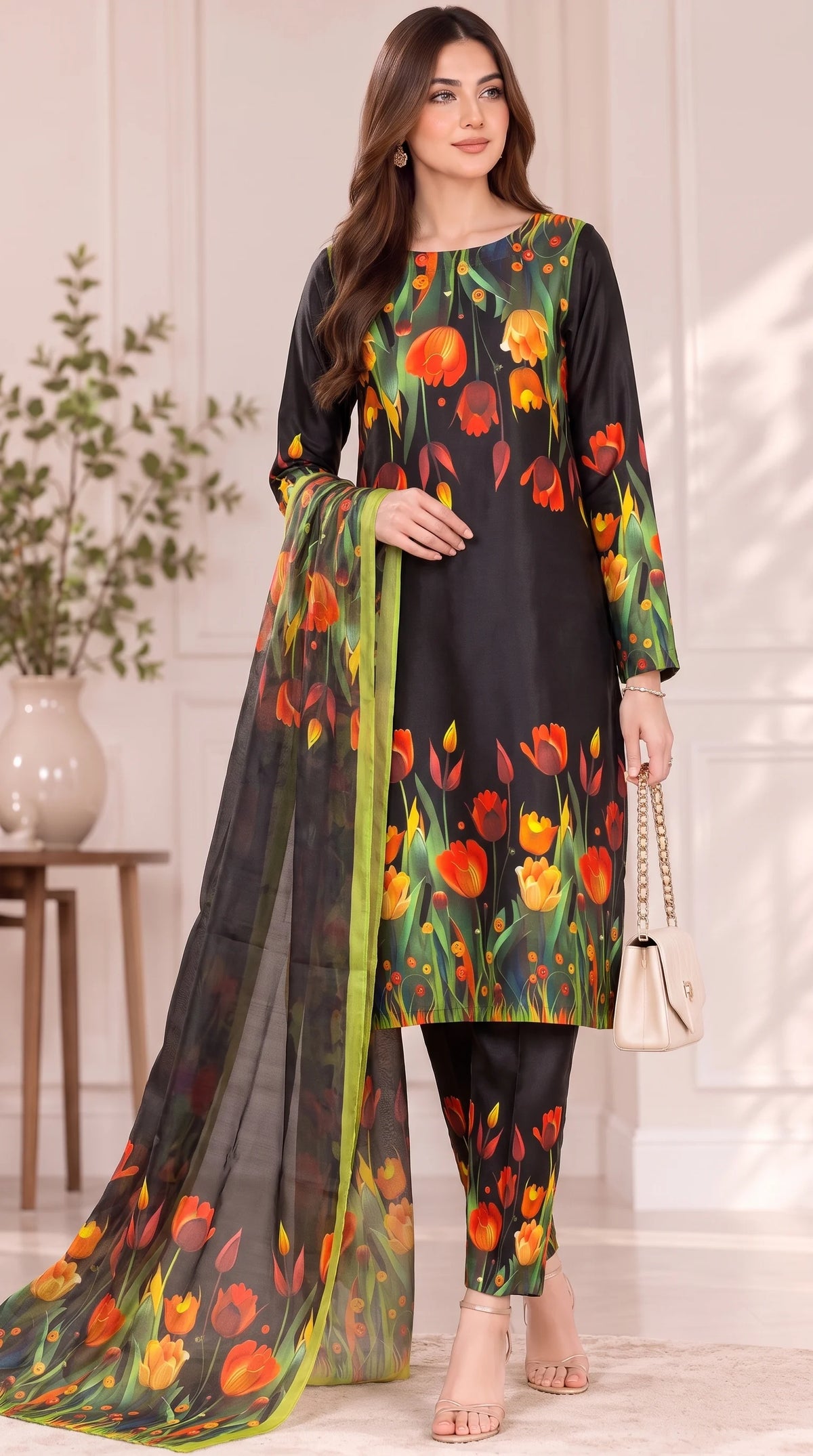 Premium Digital Printed Silk ( 3D Tulip )