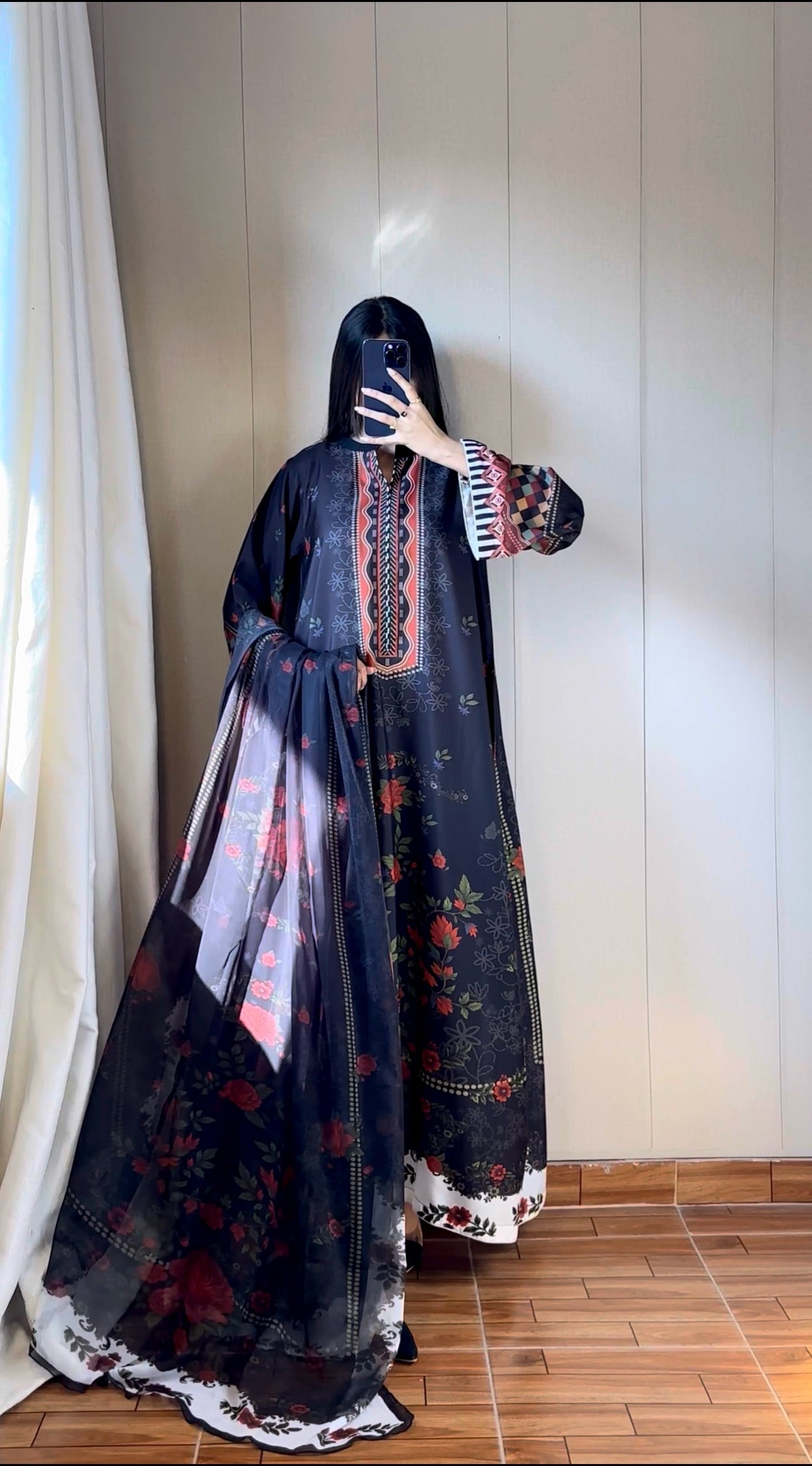 ❤️ Red Rose Black Kaftan ~ Unstitched 3PC Co-Ord-Sets