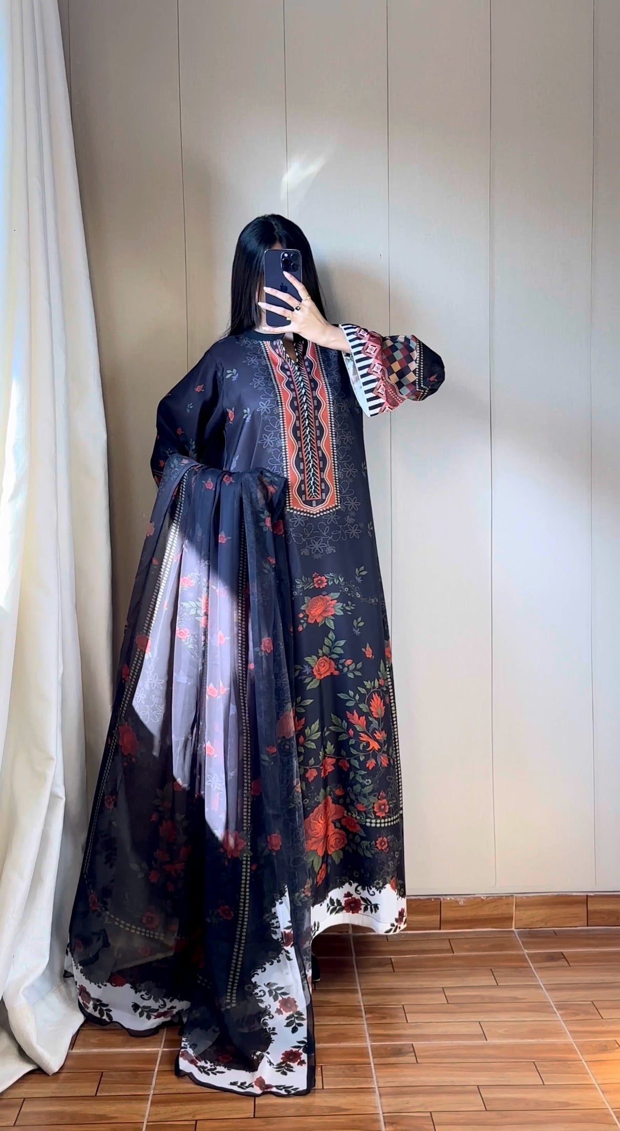 ❤️ Red Rose Black Kaftan ~ Unstitched 3PC Co-Ord-Sets