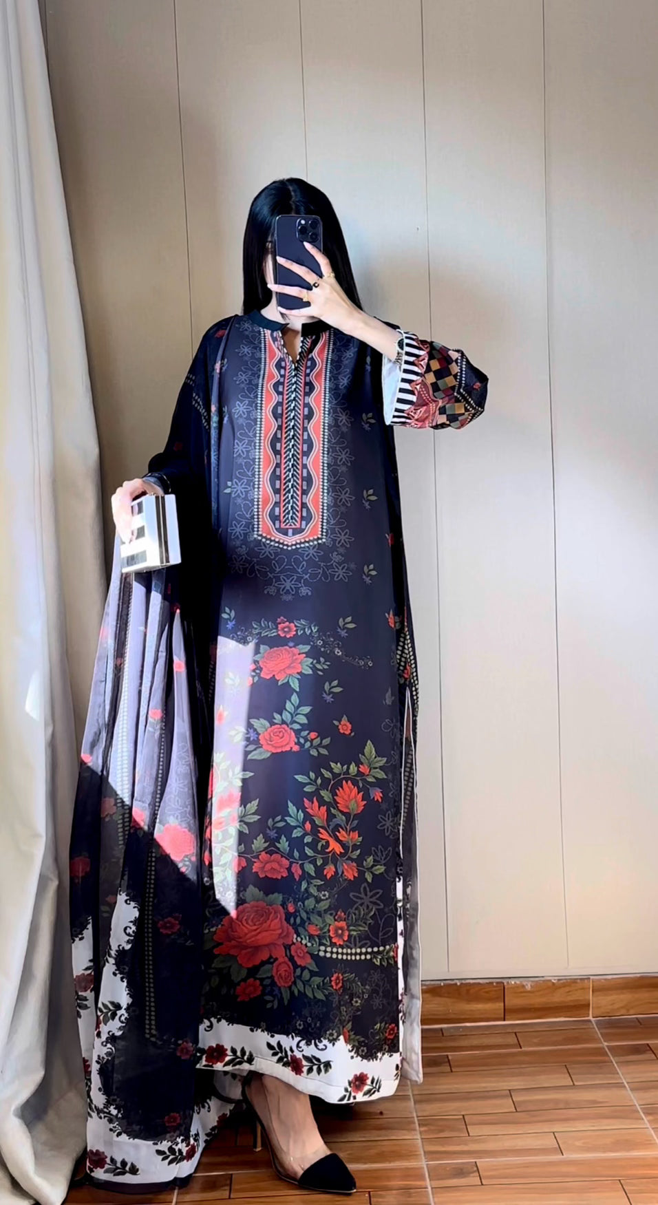 ❤️ Red Rose Black Kaftan ~ Unstitched 3PC Co-Ord-Sets