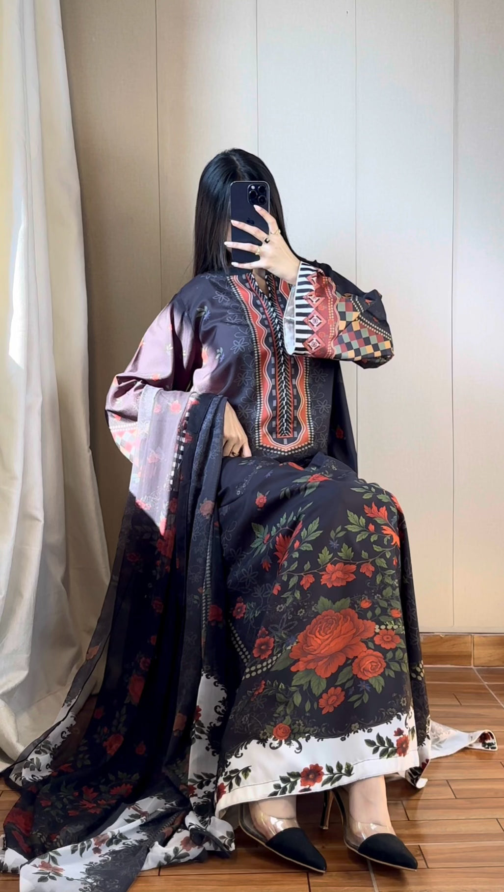 ❤️ Red Rose Black Kaftan ~ Unstitched 3PC Co-Ord-Sets