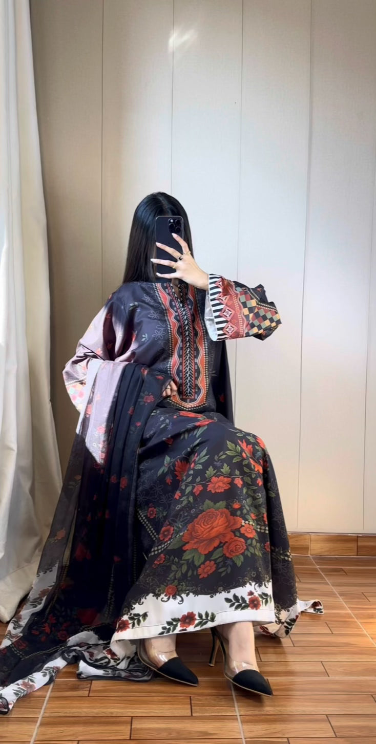 ❤️ Red Rose Black Kaftan ~ Unstitched 3PC Co-Ord-Sets