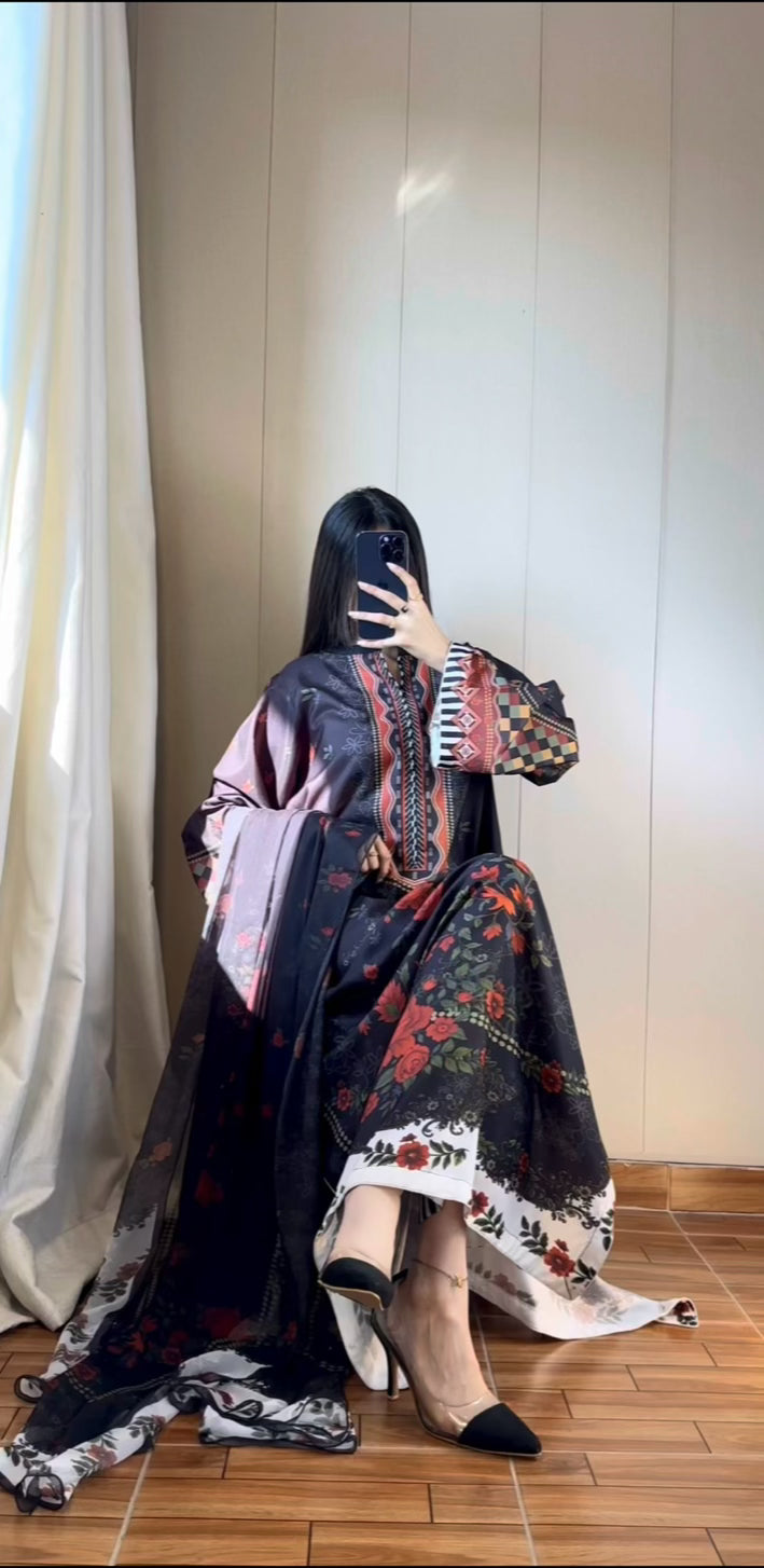 ❤️ Red Rose Black Kaftan ~ Unstitched 3PC Co-Ord-Sets