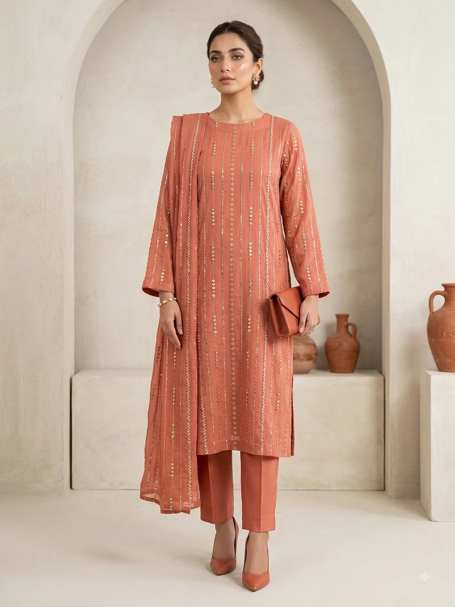Chiffon Emb & Pearl Work 3PC ( Peach )