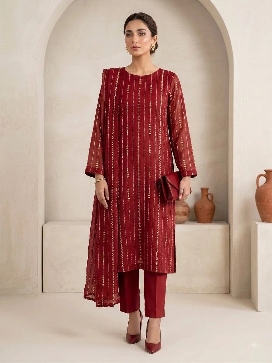 Chiffon Emb & Pearl Work 3PC ( Red )