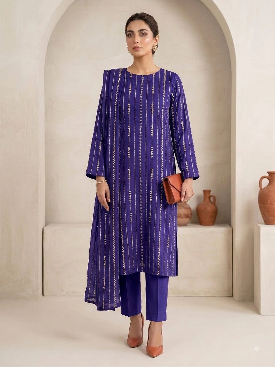 Chiffon Emb & Pearl Work 3PC ( Purple )
