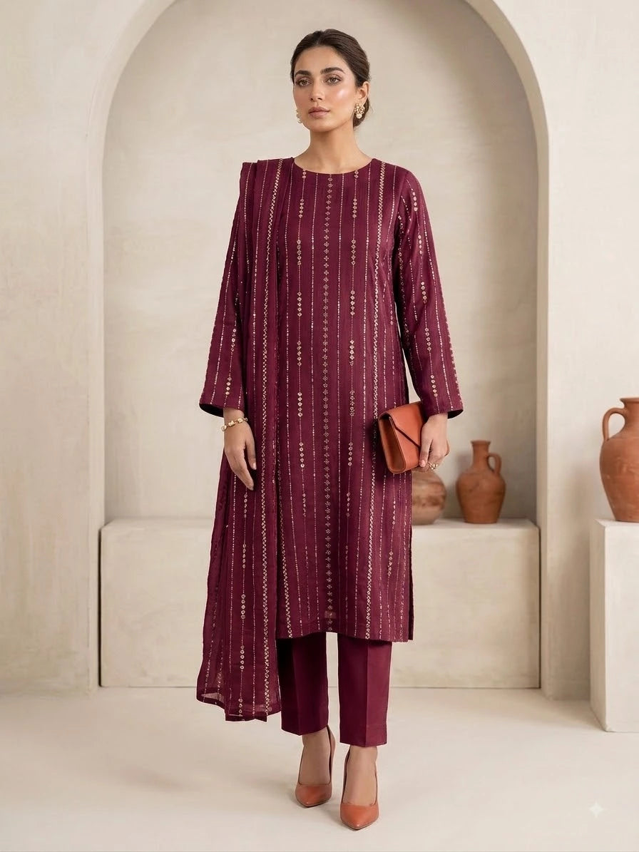 Chiffon Emb & Pearl Work 3PC ( Maroon )