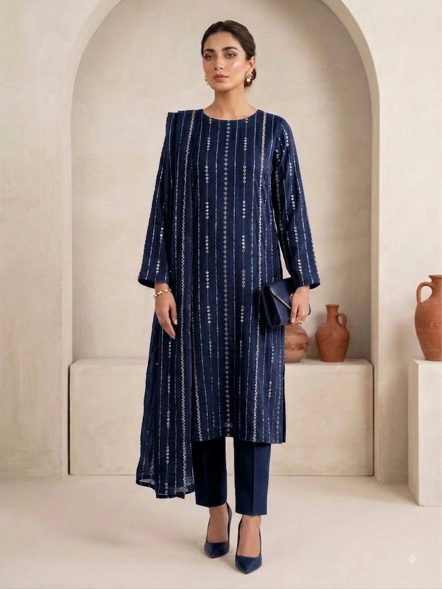 Chiffon Emb & Pearl Work 3PC ( Navy )