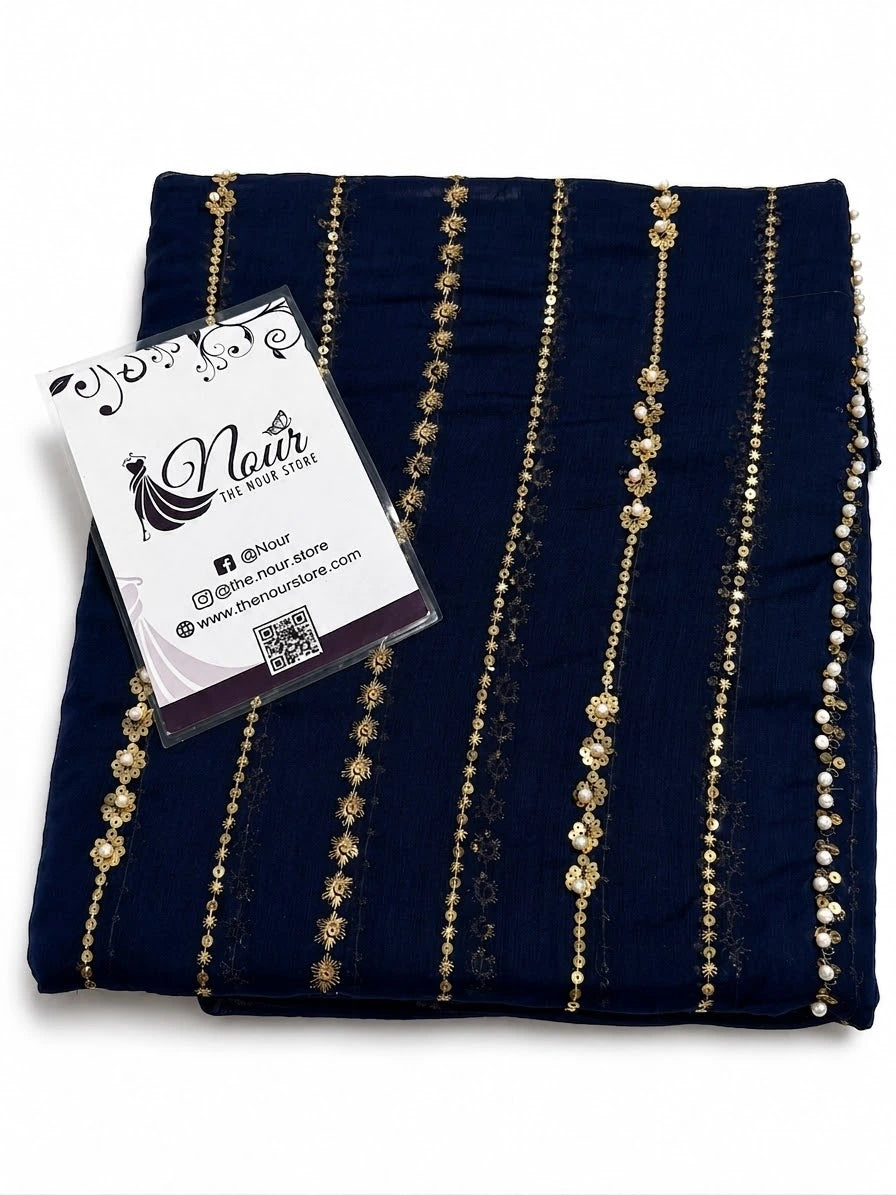 Chiffon Emb & Pearl Work 3PC ( Navy )