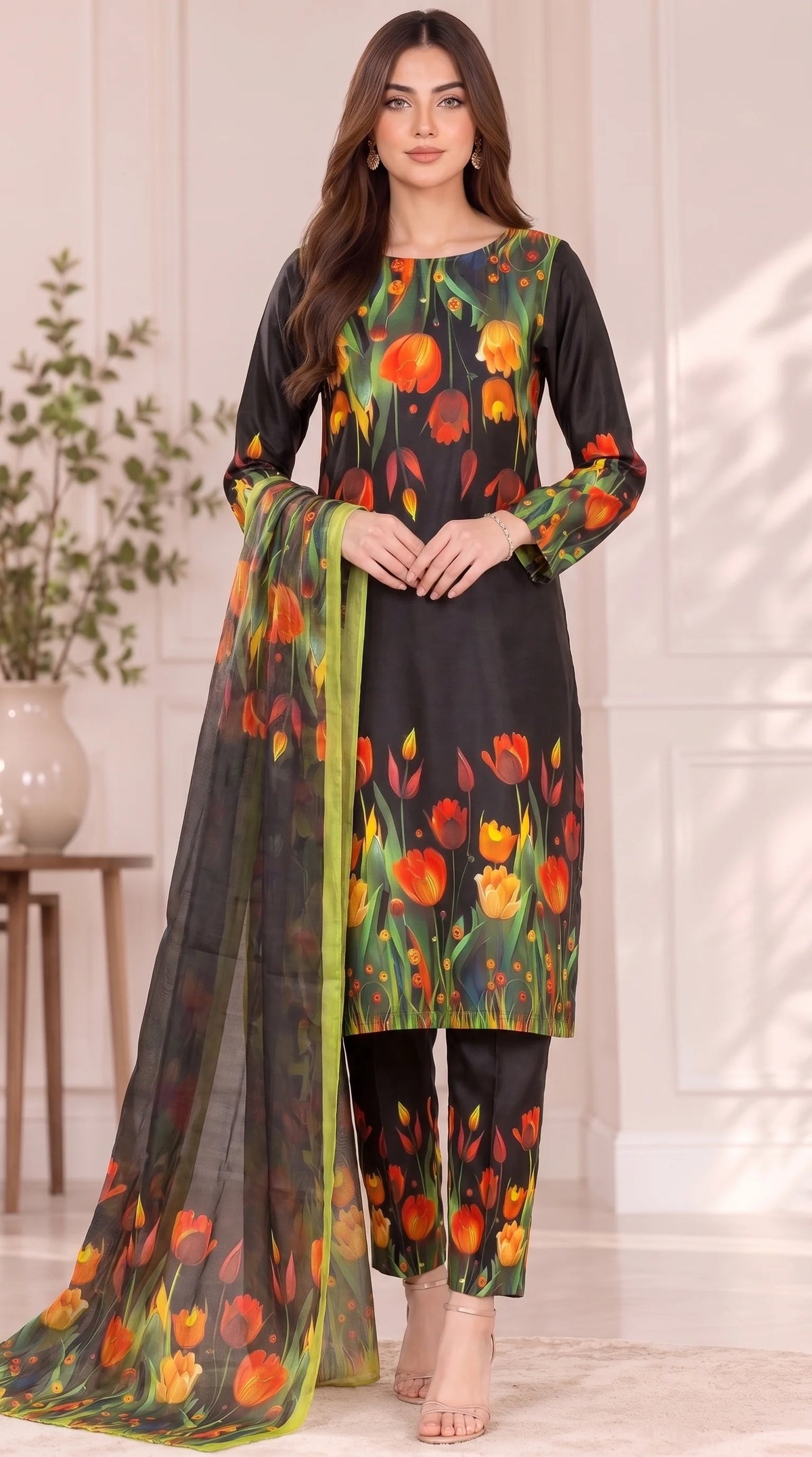 Premium Digital Printed Silk ( 3D Tulip )