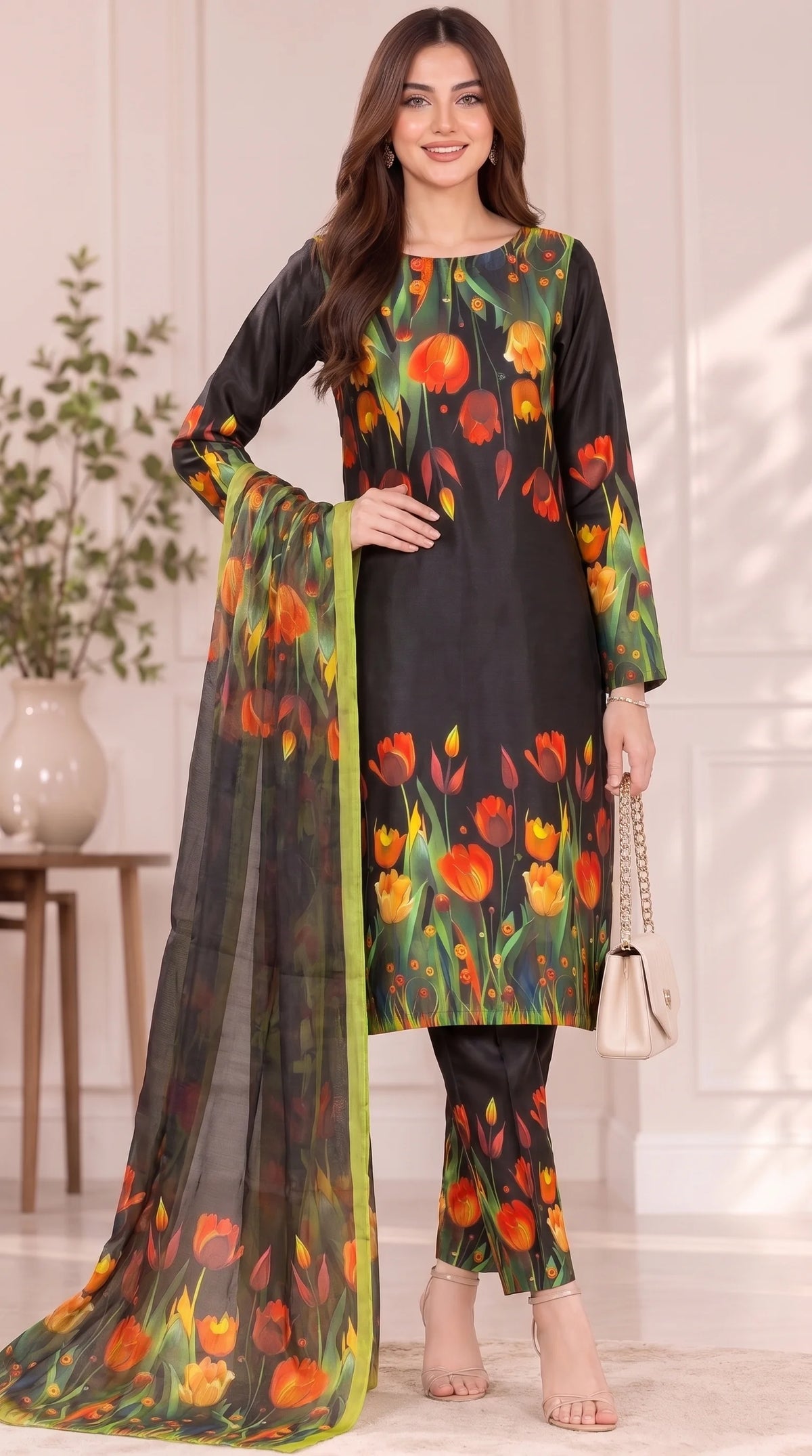 Premium Digital Printed Silk ( 3D Tulip )